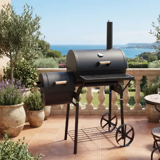 [MK-BBQ13] 360 HOME Offset barrel charcoal smoker barbecue grill SIDE FIREBOX WITH 2 WHEELS