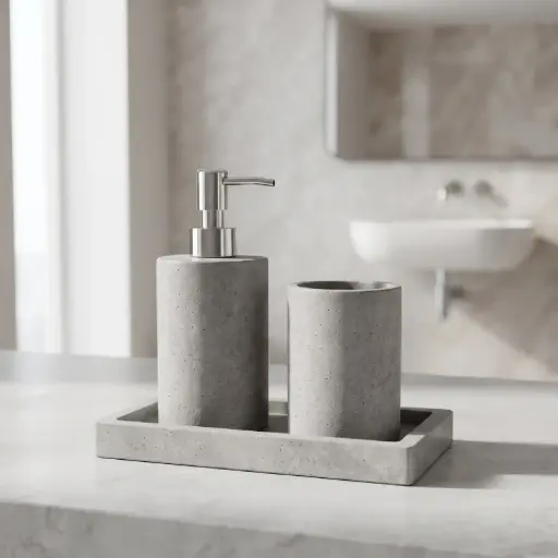 [MB-BA2] 360 HOME RESIN LOTION BOTTLE CUP TRAY SET 3PCS GREY STONE FINISH MODERN MINIMALIST DESIGN