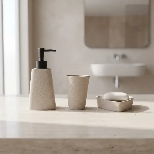 [MB-BA7] 360 HOME RESIN LOTION BOTTLE SOAP DISH CUP BEIGE STONE-EFFECT GEOMETRIC DESIGN