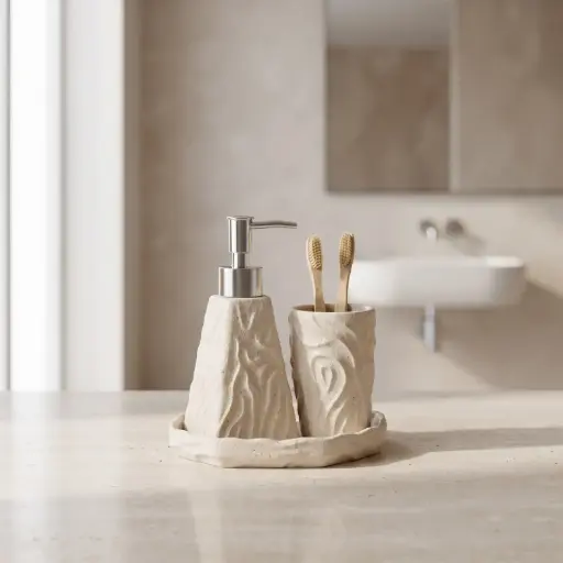[MB-BA9] 360 HOME 3PCS SET LOTION BOTTLE SOAP DISH CUP MATTE BEIGE EMBOSSED LEAF PATTERN