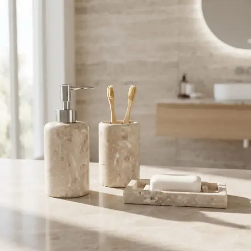 [MB-BA13] 360 HOME ROUNDED CYLINDRICAL SHAPE  LOTION BOTTLE  CUP RECTANGULAR SOAP DISH IVORY MATTE MARBLE TEXTURE