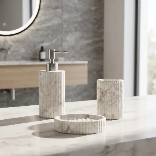 [MB-BA16] 360 HOME CYLINDRICAL SILHOUETTE  LOTION BOTTLE CUP OVAL SOAP DISH WHITE MATTE/IVORY VERTICAL RIBBED TEXTURE