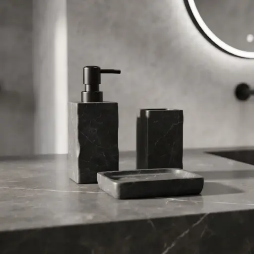 [MB-BA17] 360 HOME RESIN RECTANGLE SILHOUETTE LOTION BOTTLE CUP RECTANGLE SOAP DISH BLACK MATTE MARBLE EFFECT GEOMETRIC LINES