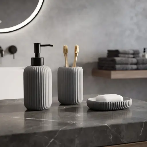 [MB-BA19] 360 HOME RESIN VERTICAL RIBBED TEXTURE ROUNDED CYLINDRICAL SHAPE LOTION BOTTLE CUP OVAL SOAP DISH GREY MATTE 