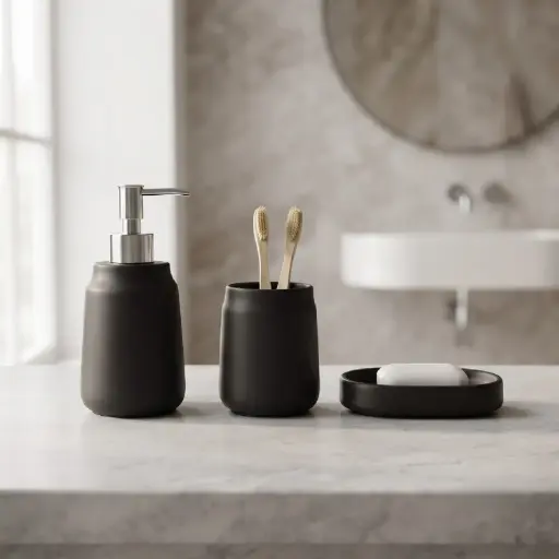 [MB-BA23] 360 HOME RESIN ROUNDED CYLINDRICAL SILHOUETTE  LOTION BOTTLE CUP OVAL SOAP DISH BLACK MATTE