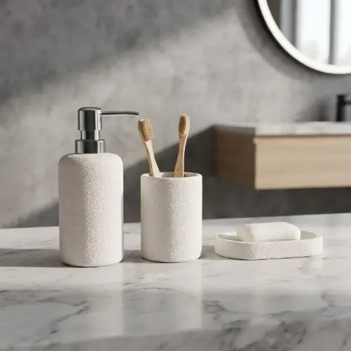 [MB-BA24] 360 HOME RESIN ROUNDED CYLINDRICAL SILHOUETTELOTION BOTTLE CUP OVAL SOAP DISH WHITE/IVORY MATTE