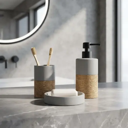 [MB-BA30] 360 HOME CYLINDRICAL LOTION BOTTLE CUP ROUND SOAP DISH RAISED EDGE WHITE MATTE CERAMIC AND BAMBOO DESIGN 