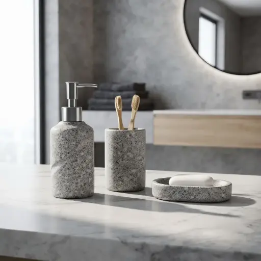 [MB-BA35] 360 HOME RIBBED CYLINDRICAL LOTION BOTTLE CUP OVAL SOAP DISH LIGHT GREY /WHITE SPECKLED STONE FINISH
