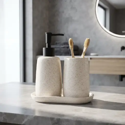 [MB-BA52] 360 HOME ROUNDED SOFTLY LOTION BOTTLE CUP OVAL TRAY WARM IVORY MATTE SPECKLED STONE EFFECT 