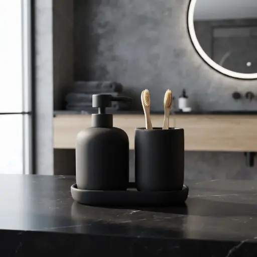 [MB-BA54] 360 HOME CERAMIC ROUNDED SQUARE SOFT EDGES LOTION BOTTLE CUP RECTANGULAR TRAY WARM BLACK MATTE 