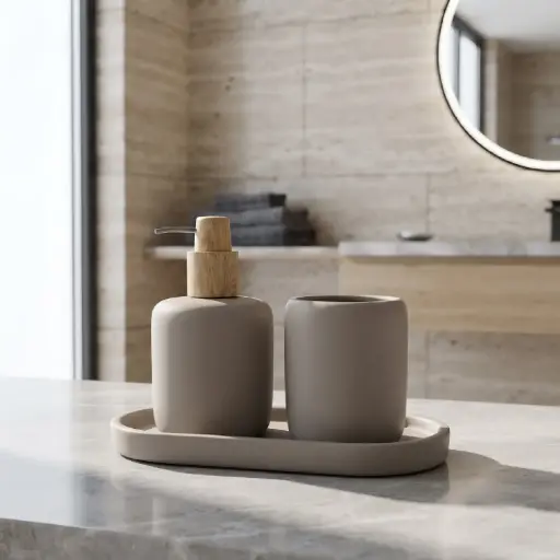 [MB-BA55] 360 HOME CERAMIC ROUNDED SQUARE LOTION BOTTLE CUP OVAL RAISED EDGE TRAY WARM IVORY MATTE