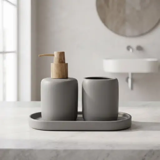 [MB-BA56] 360 HOME CERAMIC ROUNDED SQUARE LOTION BOTTLE CUP OVAL RAISED EDGE TRAY GREY MATTE