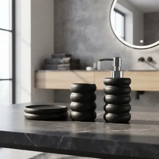 [MB-BA57] 360HOME RIBBED CYLINDRICAL LOTION BOTTLE CUP ROUND SOAP DISH RAISED RIM BLACK MATTE MONOCHROMATIC DESIGN