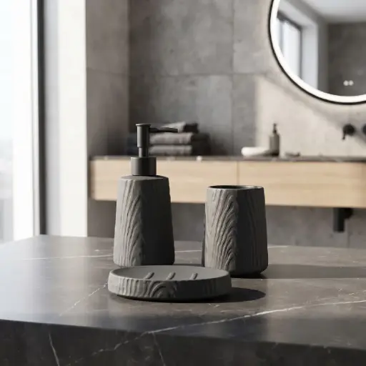 [MB-BA61] 360 HOME TAPERED CYLINDRICAL LOTION BOTTLE CUP OVAL SOAP DISH DARK GREY MATTE WOOD GRAIN TEXTURED 