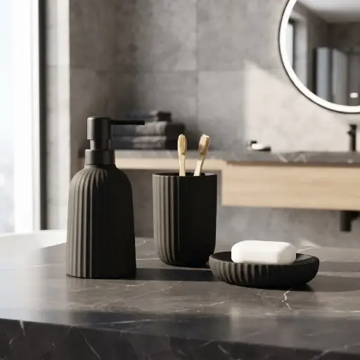 [MB-BA62] 360 HOME TALL CYLINDRIC LOTION BOTTLE CUP OVAL RAISED EDGE SOAP DISH BLACK MATTE RIBBED FINISH 