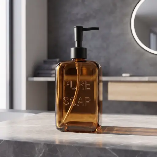 [MB-BA65] 360 HOME RECTANGULAR LOTION BOTTLE ROUNDED CORNER 550ml AMBER GLASS:L9.8xW6xH19cm