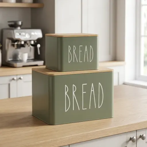 [MB-BA67] 360 HOME RECTANGULAR BREAD STORAGE BIN METAL OLIVE GREEN WHITE LETTERING 18x15.5x13/13.5 28x20.5x19/19.5