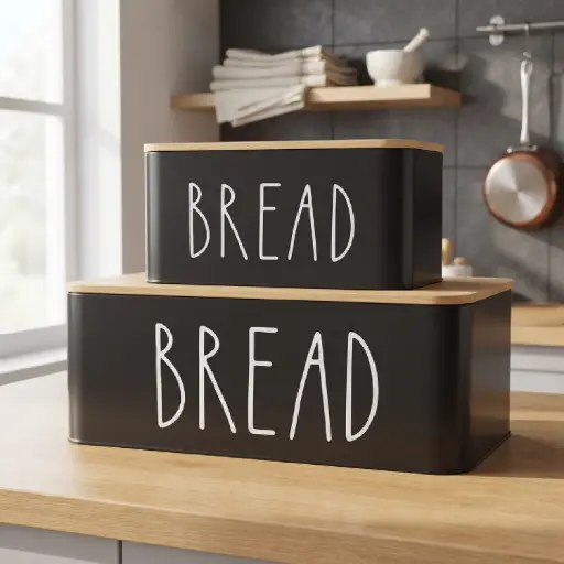 [MB-BA68] 360 HOME RECTANGULAR BREAD STORAGE BIN METAL BLACK WHITE LETTERING 18x15.5x13/13.5 28x20.5x19/19.5