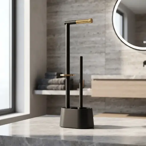 [MB-BA69] 360 HOME FLOOR STANDING TOILET BRUSH +TOILET PAPER BLACK MATTE GOLD ACCENT  SQUARE BASE 