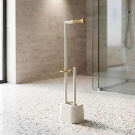 [MB-BA71] 360 HOME FLOOR STANDING TOILT BRUSH+TOILET PAPER HOLDER WHITE MATTE GOLD ACCENT CLEAN GEOMETRIC SILHOUETTE