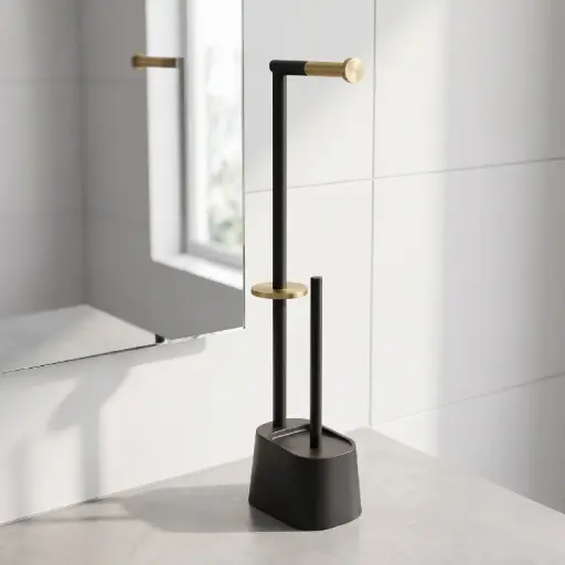 [MB-BA72] 360 HOME FLOOR STANDING TOILET BRUSH+TOILET PAPER HOLDER DARK GREY GOLD ACCENTVERTICAL STAND+SQUARE BASE