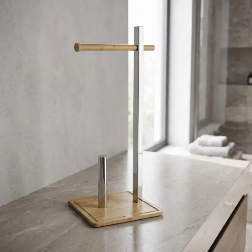 [MB-BA75] 360 HOME FLOOR STANDING TOILET PAPER STAINLESS STEEL +BAMBOO SQUARE BASE,18x71cm,917,430
