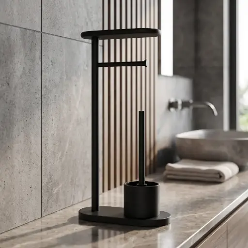 [MB-BA80] 360 HOME STANDING PAPER HOLDER L-SHAPE AND TOILET BRUSH SET :20.5x16x65cm BLACK MATTE METAL FRAME