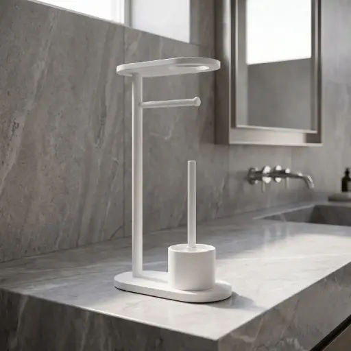 [MB-BA81] 360 HOME TOILET BRUSH FRAME VERTICAL+PAPER HOLDER L-SHAPE+PHONE HOLDER 12*25*66cm WHITE MATTE METAL FRAME ROUND BASE 