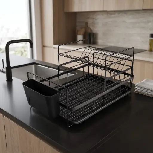 [MK-DRY2] 360 HOME DISH DRYING RACK METAL 2-TIER  43*32*13cm+PLASTIC CUTLERY HOLDER+TRAY BLACK