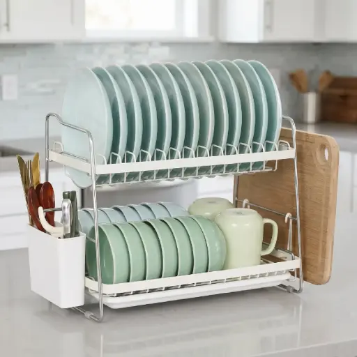 [MK-DRY4] 360 HOME DISH DRYING RACK METAL 2-TIER REMOVABLE SIDE-MOUNTED CUTLERY HOLDER+SIDE CUTTING BOARD 41*25*29