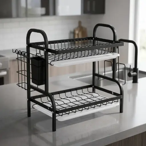 [MK-DRY5] 360 HOME DISH DRYING RACK 2-TIER OVER-THE-SINK REMOVABLE SIDE-MOUNTED CUTLERY HOLDER SIDE HOOK USTENSIL 42*25*41.5