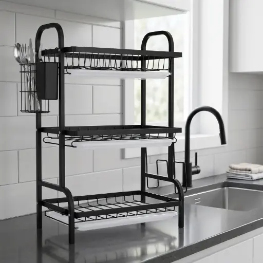 [MK-DRY6] 360 HOME DISH DRYNG RACK 3-TIER METAL OPEN WIRE REMOVABLE SIDE-MOUNTED CUTLERY HOLDER SIDE HOOK 42*25*63