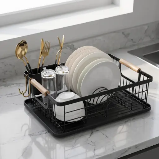 [MK-DRY9] 360 HOME DISH DRYING RACK SINGLE-TIER 43*32*14 OPEN WIRE BUILT-IN TRAY WOOD HANDLES CARBON STEEL+PP BLACK