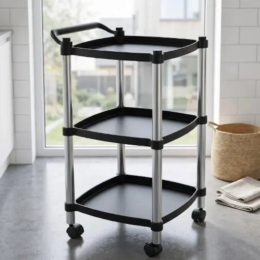 [MK-DRY12] 360 HOME ROLLING STORAGE CART 3-TIER RAISED EDGES STAINLESS STEEL+PP 33CM WIDTH 70/74CM HEIGHT