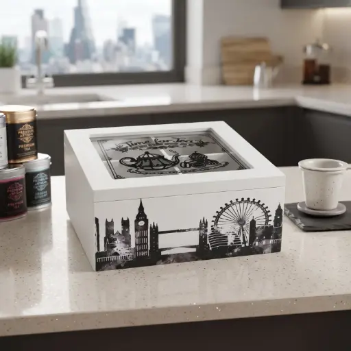 [MH-TB1] 360 HOME MY HOME TEA BOX MDF+GLASS 
16*16*7
 Single bubble bag, four inner boxes (brown inner box)