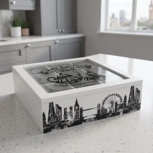 [MH-TB3] 360 HOME MY HOME TEA BOX MDF+GLASS 24*24*7 Single bubble bag, two inner boxes (brown inner box)
