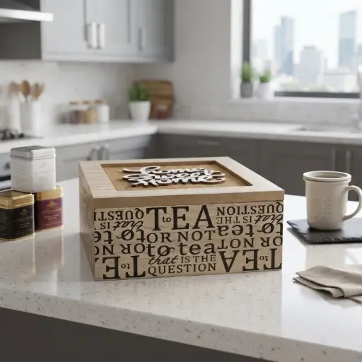 [MH-TB7] 360 HOME MY HOME TEA BOX MDF+LINEN 
16*16*7
 Single bubble bag, four inner boxes (brown inner box