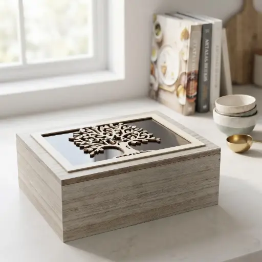 [MH-TB21] 360 HOME MY HOME TEA BOX MDF+GLASS 19*19*8 Each bubble bag contains four pieces in one inner box