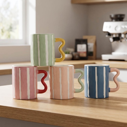 [MK-MUG26-22] 360 HOME MUG CERAMIC MODERN VERTICAL STRIPES PASTEL&BOLD COLORS WAVY ERGONOMIC HANDLE 430ML 48PCS/BOX 