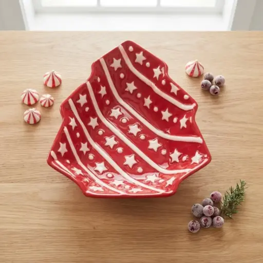 [CH-POR2] 360 HOME MY HOME CHRISTMAS CERAMIC TREE-SHAPED STORAGE BOX RED AND WHITE DESIGN+ DIAGONAL STRIPES AND SNOWFLAKE PATTERNS 36PCS/BOX  23*21*3