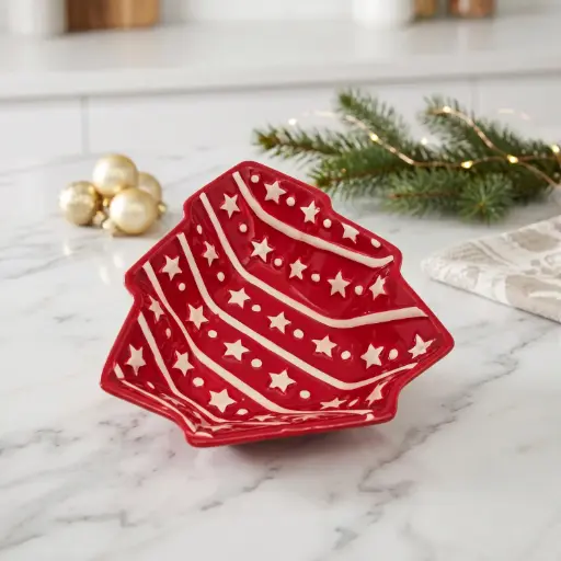 [CH-POR5] 360 HOME MY HOME CHRISTMAS CERAMIC TREE-SHAPED DECORATIVE TRAY RED AND WHITE PATTERN+DIAGONAL STRIPES AND SNOWFLAKE MOTIFS 36PCS/BOX  14*15*4