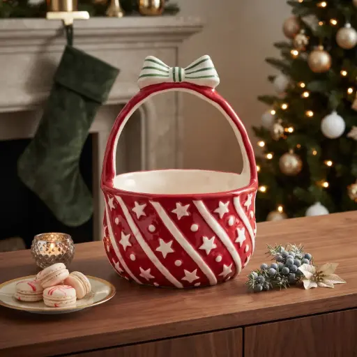 [CH-POR6] 360 HOME MY HOME CHRISTMAS CERAMIC GIFT BASKET RED AND WHITE PATTERN DIAGONAL STRIPES AND SNOWFLAKE MOTIFS 16PCS/BOX 15*15*21