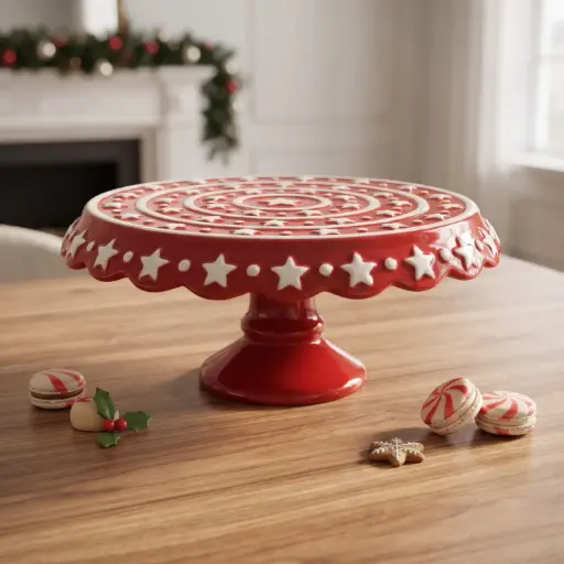 [CH-POR8] 360 HOME MY HOME CHRISTMAS CERAMIC PEDESTAL CAKE STAND RED&WHITE DESIGN SNOWFLAKES & GEOMETRIC PATTERNS 12PCS/BOX 27.5*27.5*12