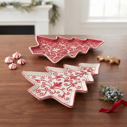 [CH-POR14] 360 HOME MY HOME CHRISTMAS CERAMIC TREE-SHAPED SERVING PLATTER RED&WHITE DESIGN 24PCS/BOX 29*27*3