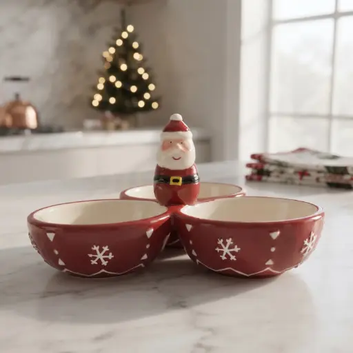 [CH-POR31] 360 HOME MY HOME CHRISTMAS CERAMIC SERVING BOWL 3 SECTIONS SANTA CLAUS CENTER HANDLE 18PCS/BOX 21*19.6*11