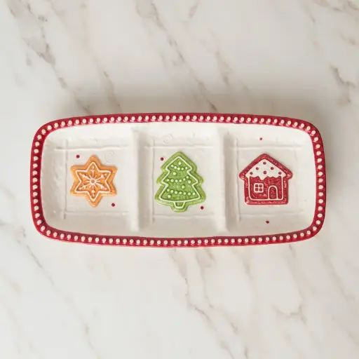 [CH-POR54] 360 HOME MY HOME CHRISTMAS CERAMIC SERVING PLATTER 3-SECTIONS RECTANGULAR GINGERBREAD COOKIE+TREE+HOUSE DESIGNS 24PCS/BOX 36*16.5*2.5