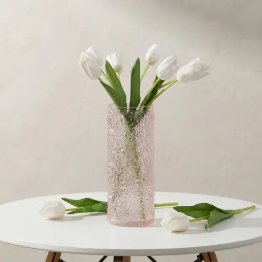 [MH26-V12] 360 HOME MY HOME DECORATIVE GLASS VASE Textured Cylindrical narrow opening 10*25cm pink