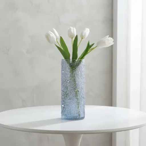 [MH26-V13] 360 HOME MY HOME DECORATIVE GLASS VASE Textured Cylindrical narrow opening 10*25cm blue