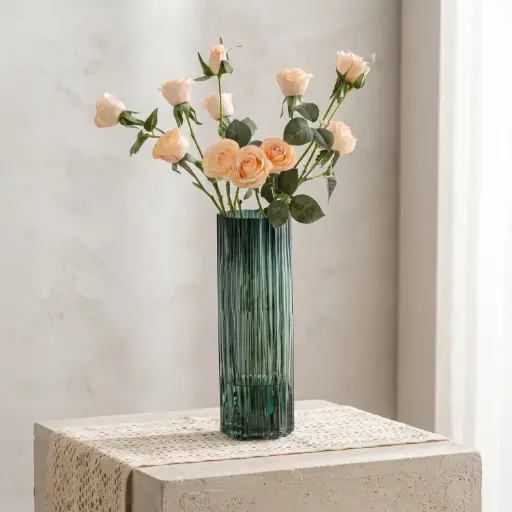 [MH26-V24] 360 HOME MY HOME DECORATIVE GLASS VASE  Fluted Cylindrical straight sides 25*10*10*10cm dark green