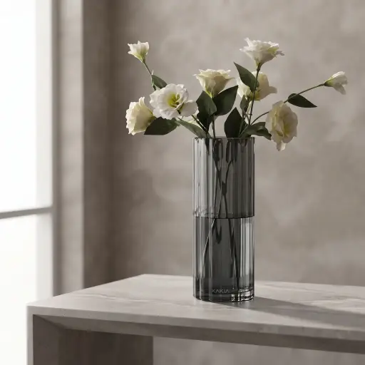 [MH26-V27] 360 HOME MY HOME DECORATIVE GLASS VASE Fluted Cylindrical straight sides  30*10*10*10cm smokey grey